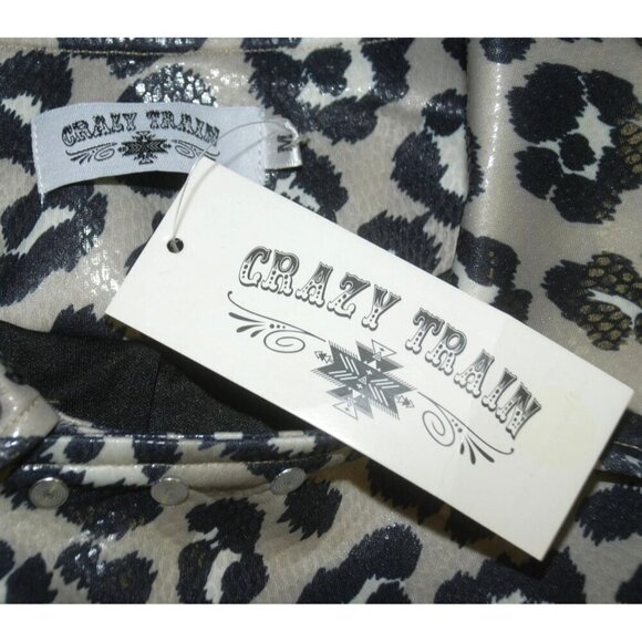 NWT Crazy Train Leopard Print Moto Jacket Size M Zip Up Studded Vegan Leather - Picture 10 of 12